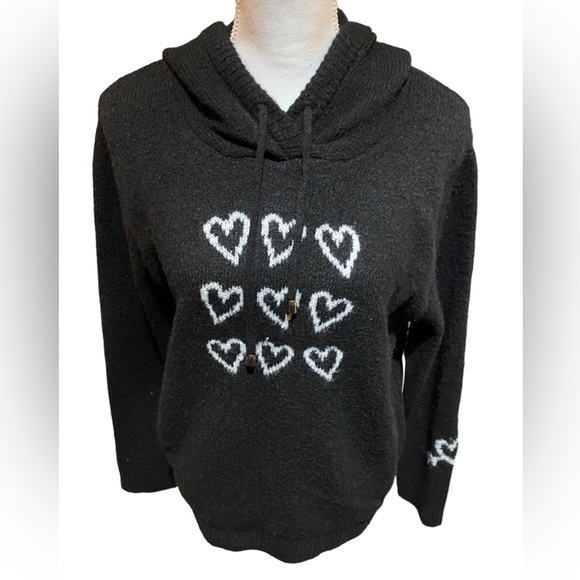 cupcakes & cashmere Sweaters - Cupcakes & Cashmere large black sweater with hoodie & 9 white ❤️on front ( NWT)